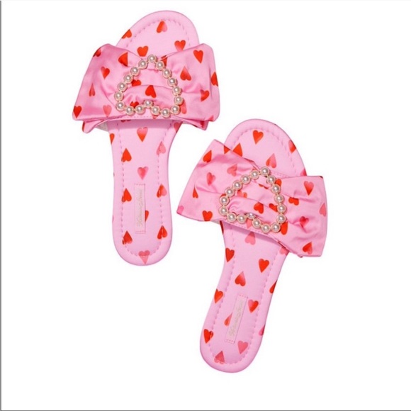 NWT Embellished Satin Heart Bow Slides Size Medium - Picture 1 of 6